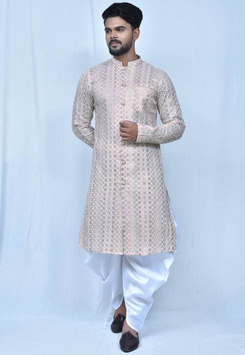 Embroidered Art Silk Dhoti Kurta in Peach