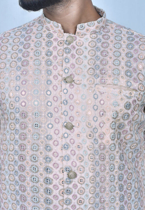 Embroidered Art Silk Dhoti Kurta in Peach