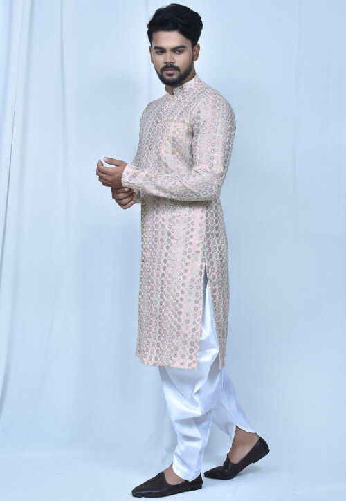 Embroidered Art Silk Dhoti Kurta in Peach