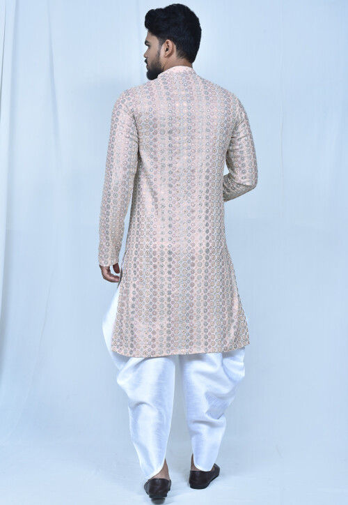 Embroidered Art Silk Dhoti Kurta in Peach