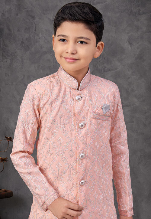 Embroidered Art Silk Sherwani in Peach