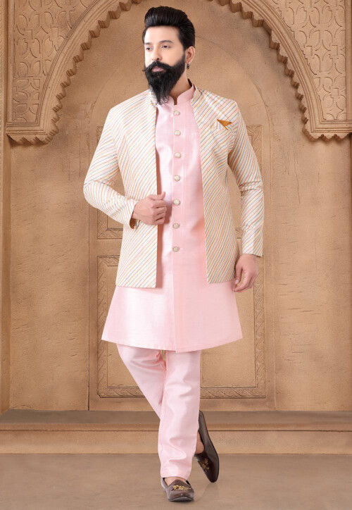 Embroidered Art Silk Sherwani in Pink and Multicolor
