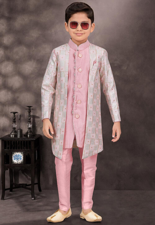 Embroidered Art Silk Sherwani in Pink and Off White