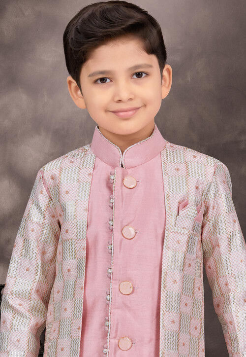 Embroidered Art Silk Sherwani in Pink and Off White
