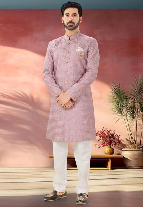 Embroidered Art Silk Sherwani in Pink