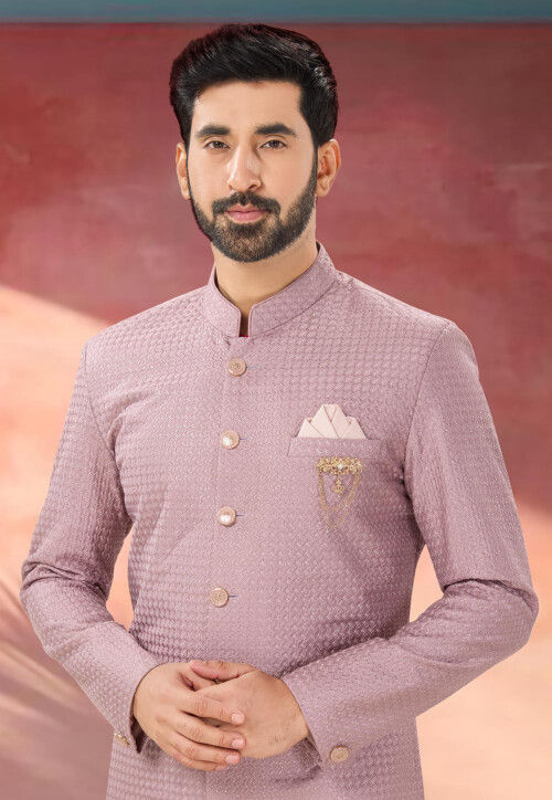 Embroidered Art Silk Sherwani in Pink