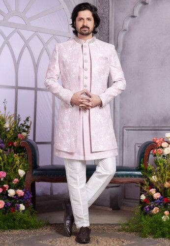 Embroidered Art Silk Sherwani in Pink