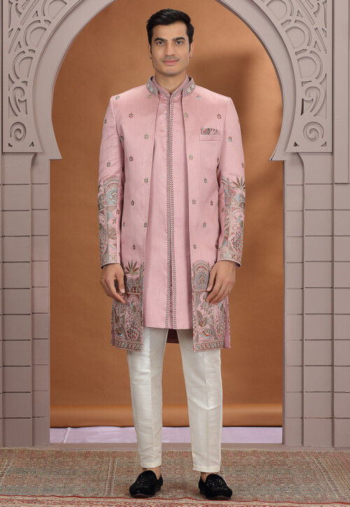 Embroidered Art Silk Sherwani in Pink