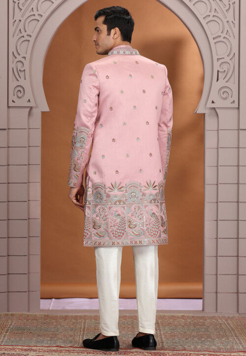 Embroidered Art Silk Sherwani in Pink
