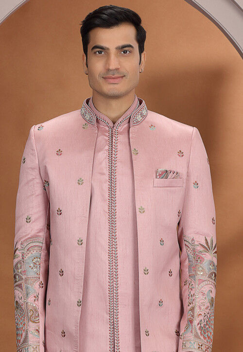 Embroidered Art Silk Sherwani in Pink