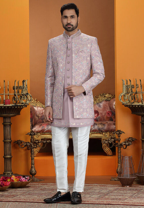 Embroidered Art Silk Sherwani in Purple