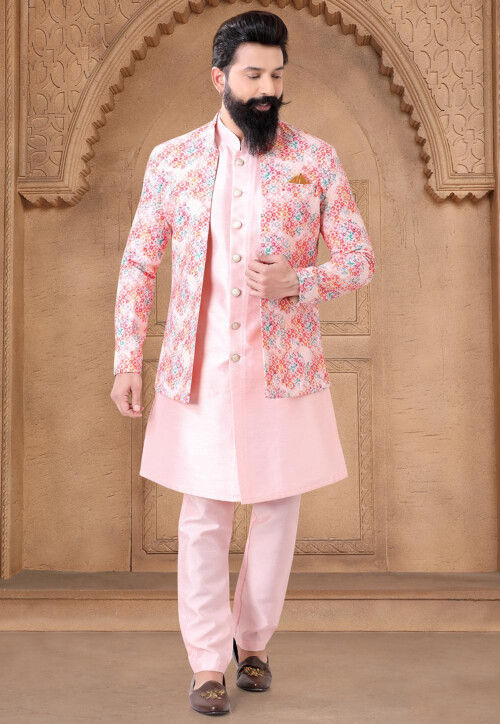 Embroidered Art Silk Sherwani in Pink