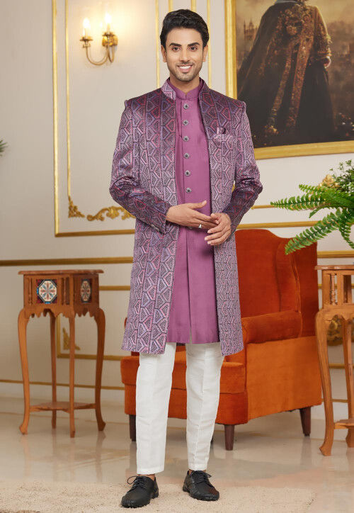 Embroidered Art Silk Sherwani in Purple