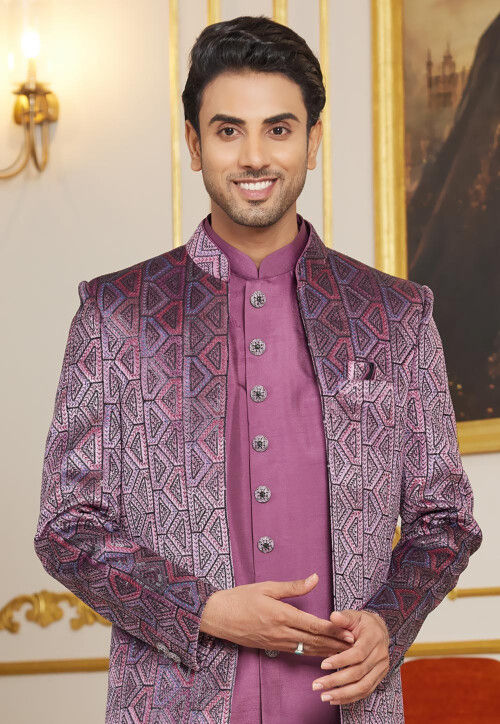 Embroidered Art Silk Sherwani in Purple