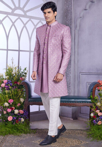 Embroidered Art Silk Sherwani in Purple