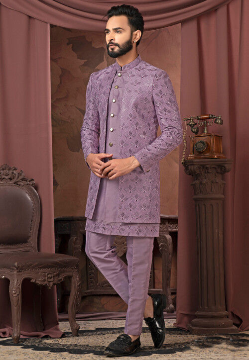 Embroidered Art Silk Sherwani in Purple