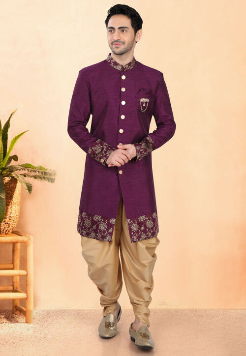 Embroidered Art Silk Sherwani in Purple