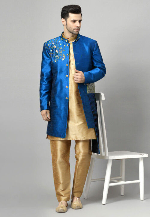 Embroidered Art Silk Sherwani in Royal Blue and Golden