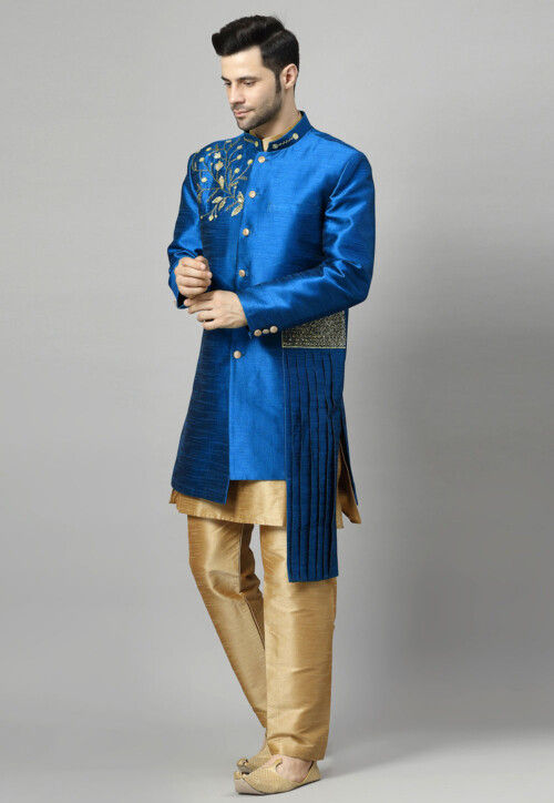 Embroidered Art Silk Sherwani in Royal Blue and Golden