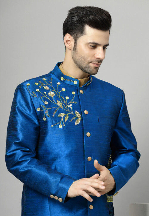 Embroidered Art Silk Sherwani in Royal Blue and Golden