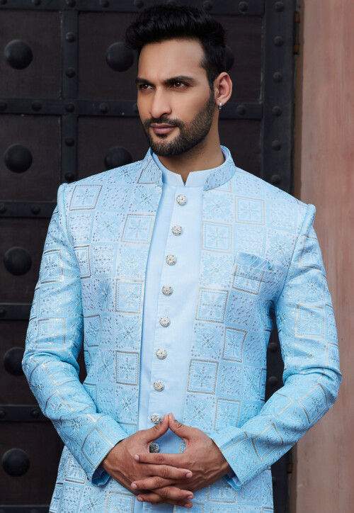 Embroidered Art Silk Sherwani in Sky Blue Ombre