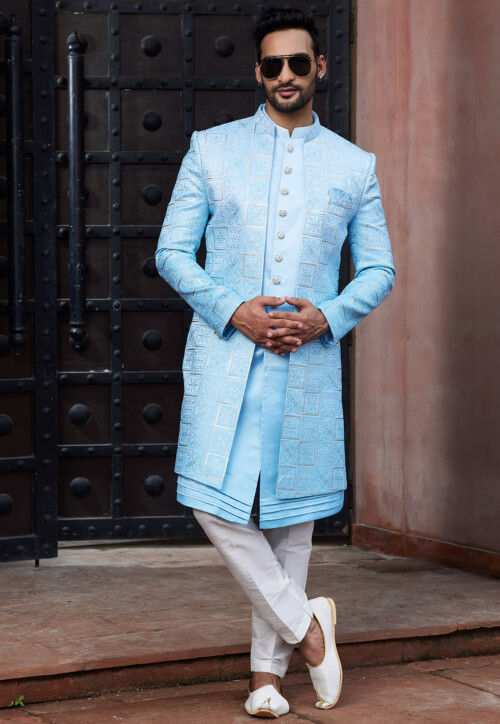 Embroidered Art Silk Sherwani in Sky Blue Ombre