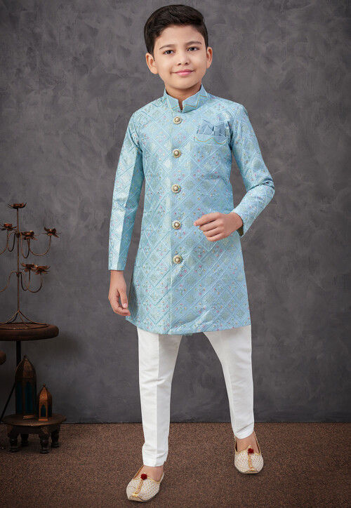 Embroidered Art Silk Sherwani in Sky Blue