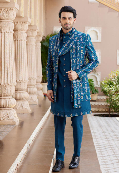 Embroidered Art Silk Sherwani in Teal Blue