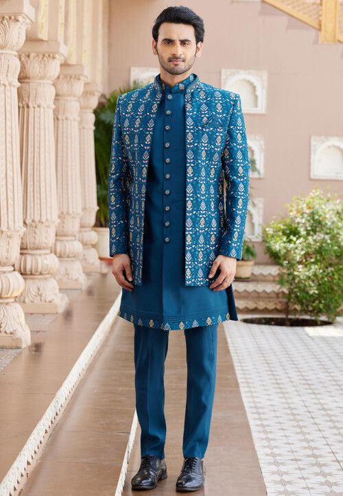Embroidered Art Silk Sherwani in Teal Blue