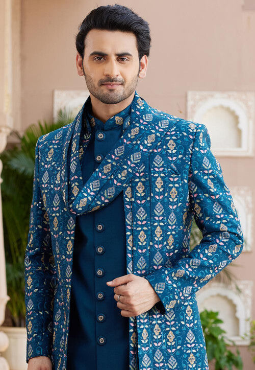 Embroidered Art Silk Sherwani in Teal Blue