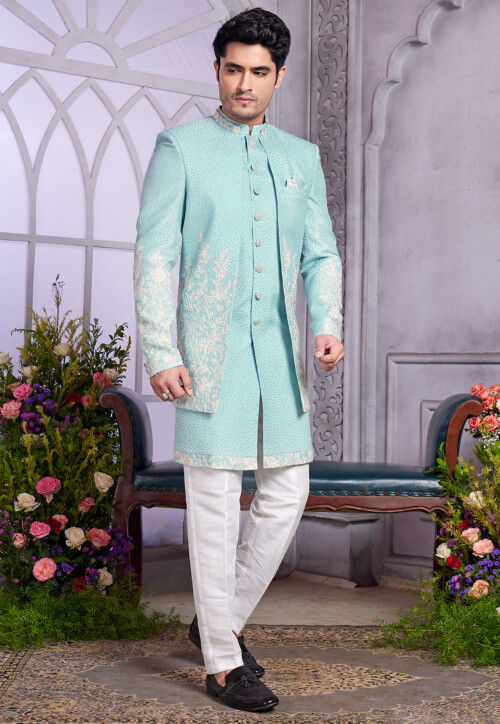 Embroidered Art Silk Sherwani in Turquoise