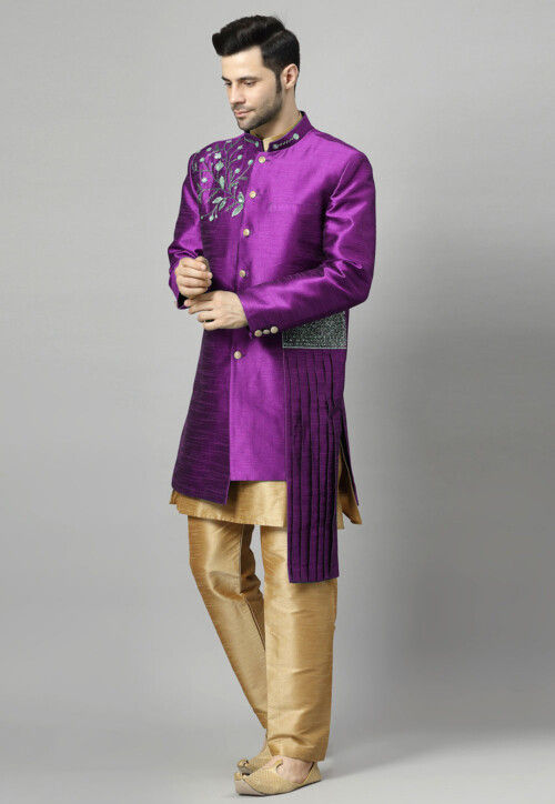 Embroidered Art Silk Sherwani in Violet and Golden