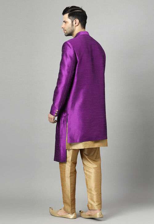 Embroidered Art Silk Sherwani in Violet and Golden