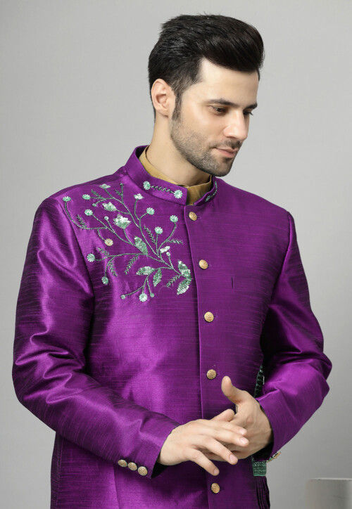 Embroidered Art Silk Sherwani in Violet and Golden
