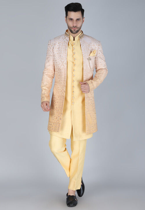Embroidered Art Silk Sherwani in Yellow and Off White
