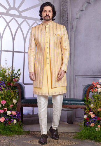 Embroidered Art Silk Sherwani in Yellow