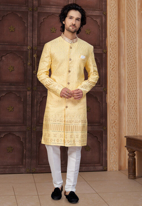 Embroidered Art Silk Sherwani in Yellow