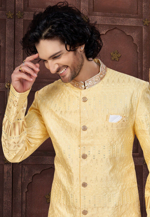 Embroidered Art Silk Sherwani in Yellow