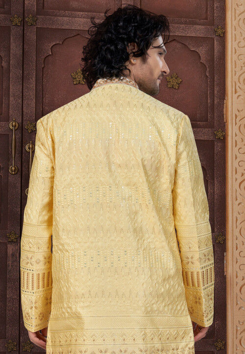 Embroidered Art Silk Sherwani in Yellow