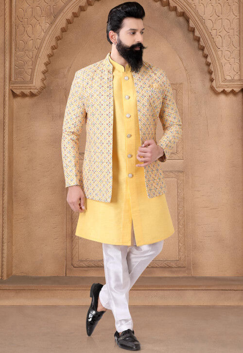 Embroidered Art Silk Sherwani in Yellow