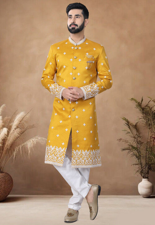 Embroidered Art Silk Sherwani in Yellow