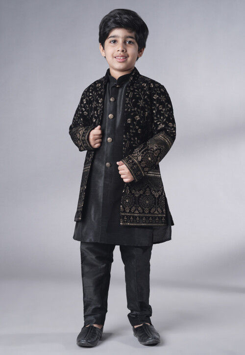 Embroidered Art Silk Sherwani Set in Black