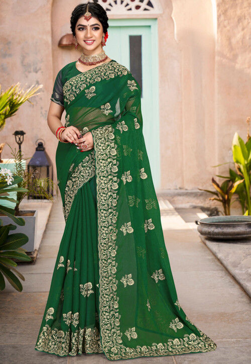 Embroidered Art Silk Shimmer Saree in Green : SCBA4407