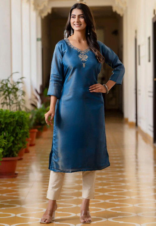Embroidered Chinon Chiffon Straight Kurta in Teal Blue