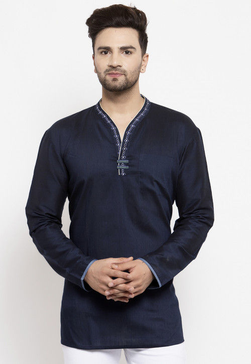 Embroidered Art Silk Short Kurta in Navy Blue