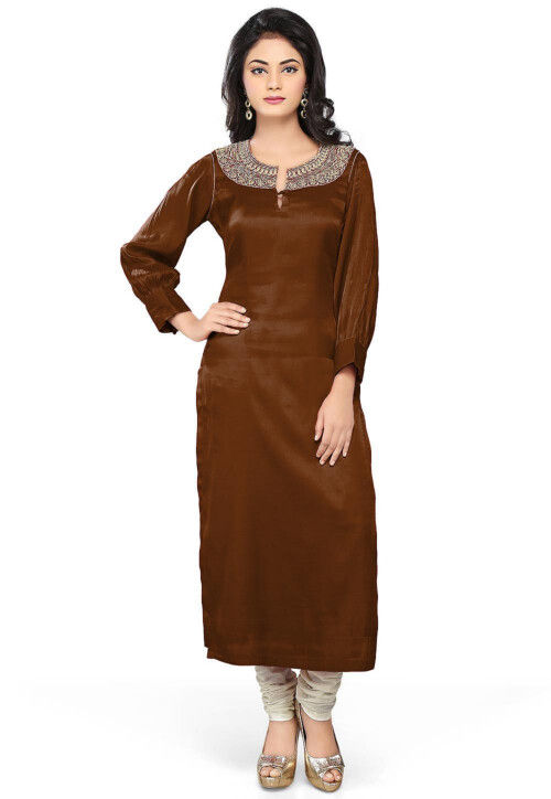Embroidered Art Silk Straight Kurta Brown