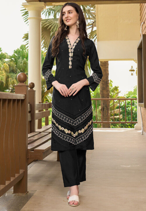 Embroidered Art Silk Straight Kurta in Black