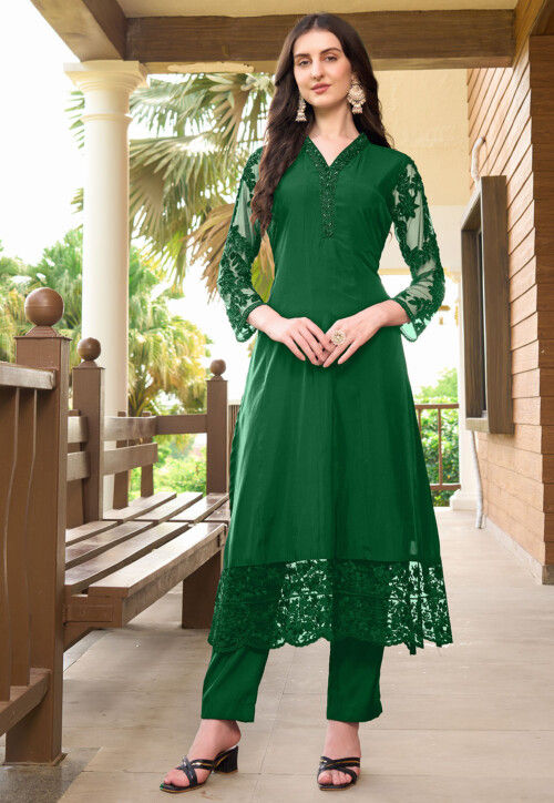 Embroidered Art Silk Straight Kurta in Green