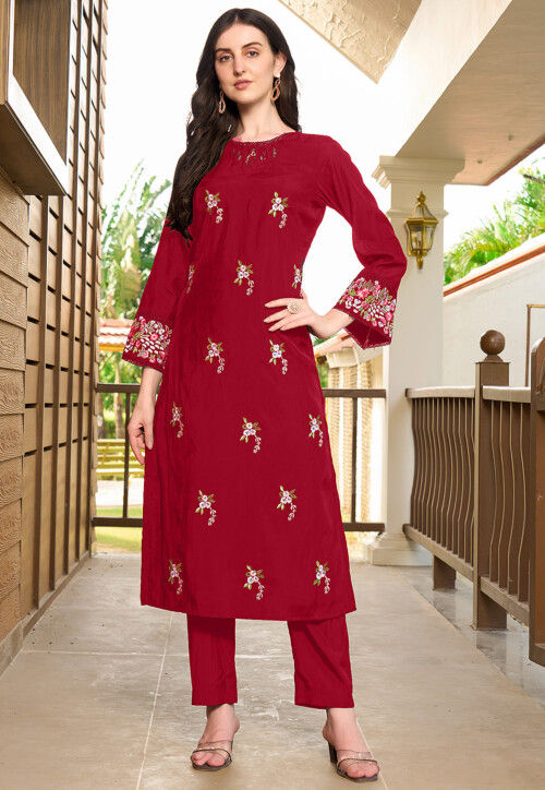 Embroidered Art Silk Straight Kurta in Maroon