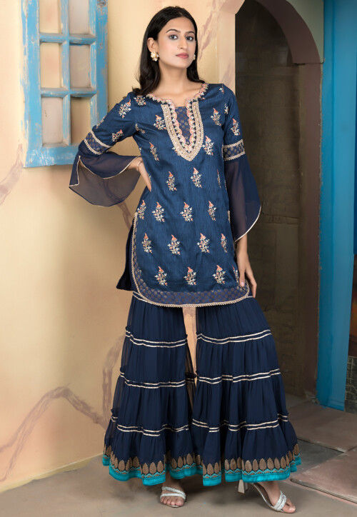Embroidered Art Silk Straight Kurta in Navy Blue